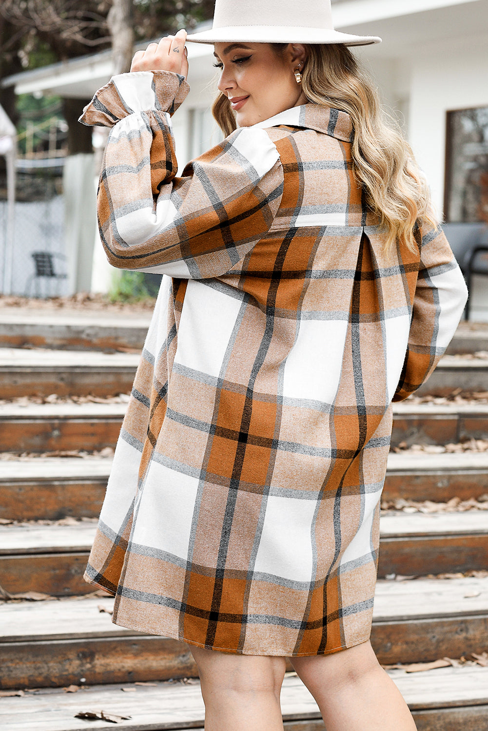 Plus Size Plaid Flounce Sleeve Button Up Shirt Dress