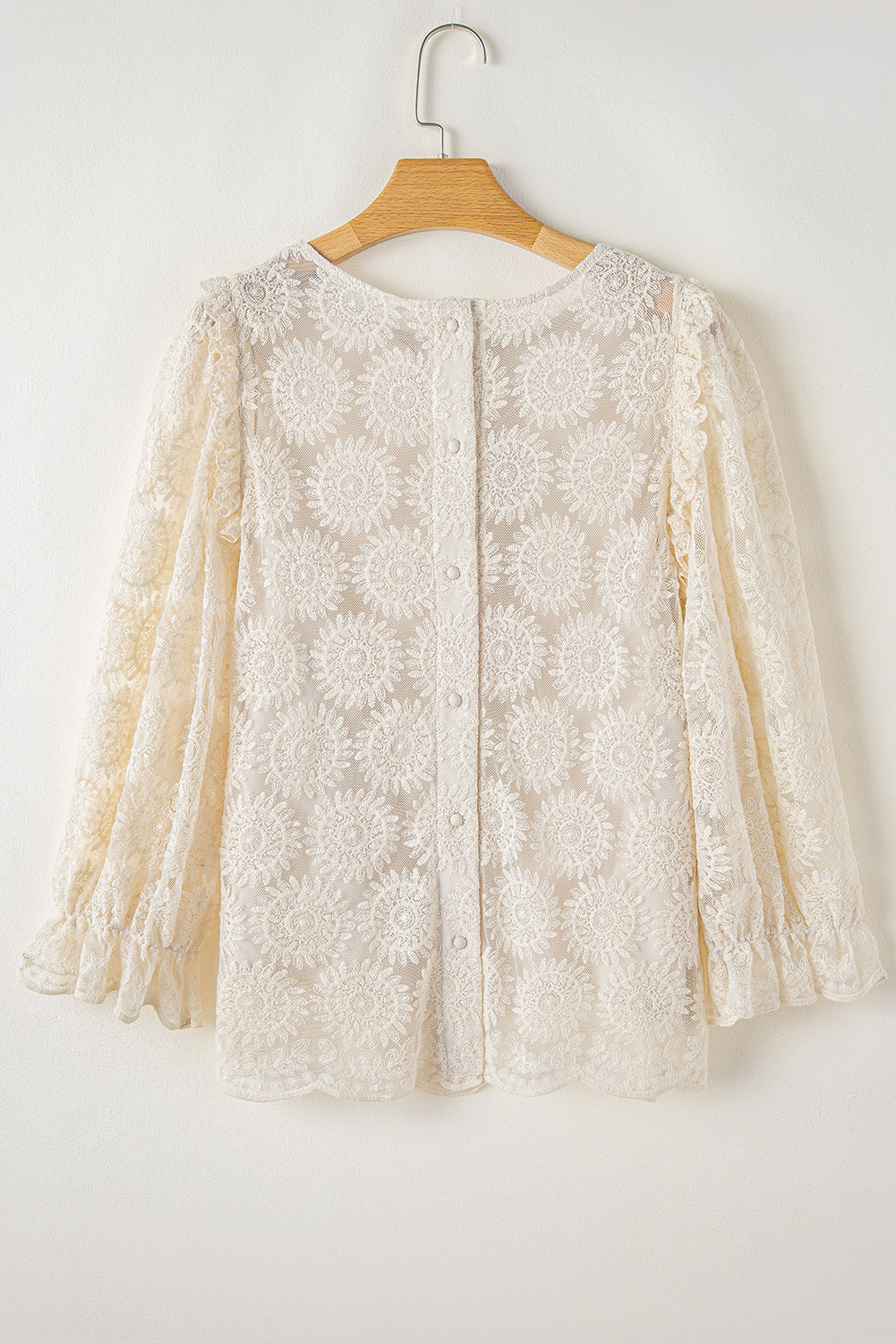 Flower Jacquard Button Back Ruffle 3/4 Sleeve Blouse