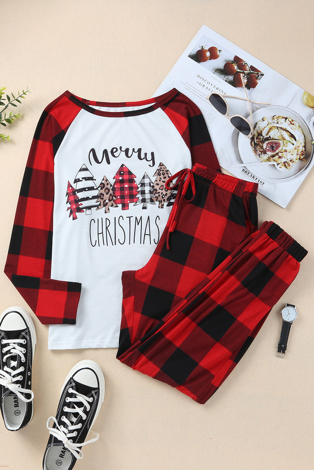 Fiery Red Plaid Merry Christmas Graphic Loungewear Set