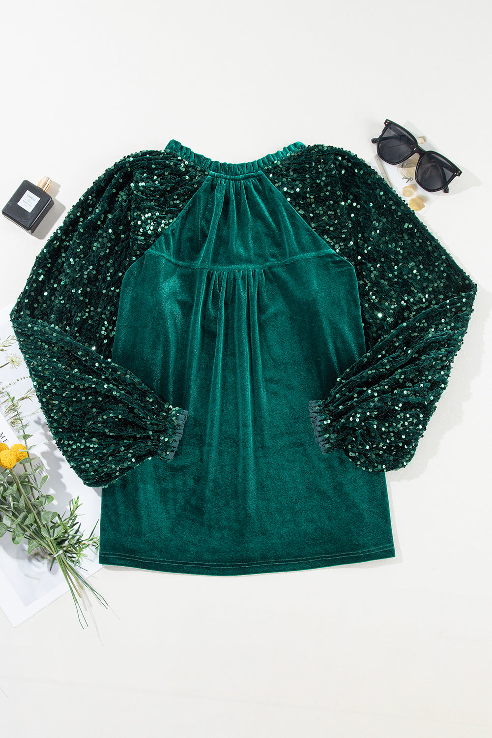 Dahlia Velvet Sequin Patchwork Sleeve Button Up Blouse