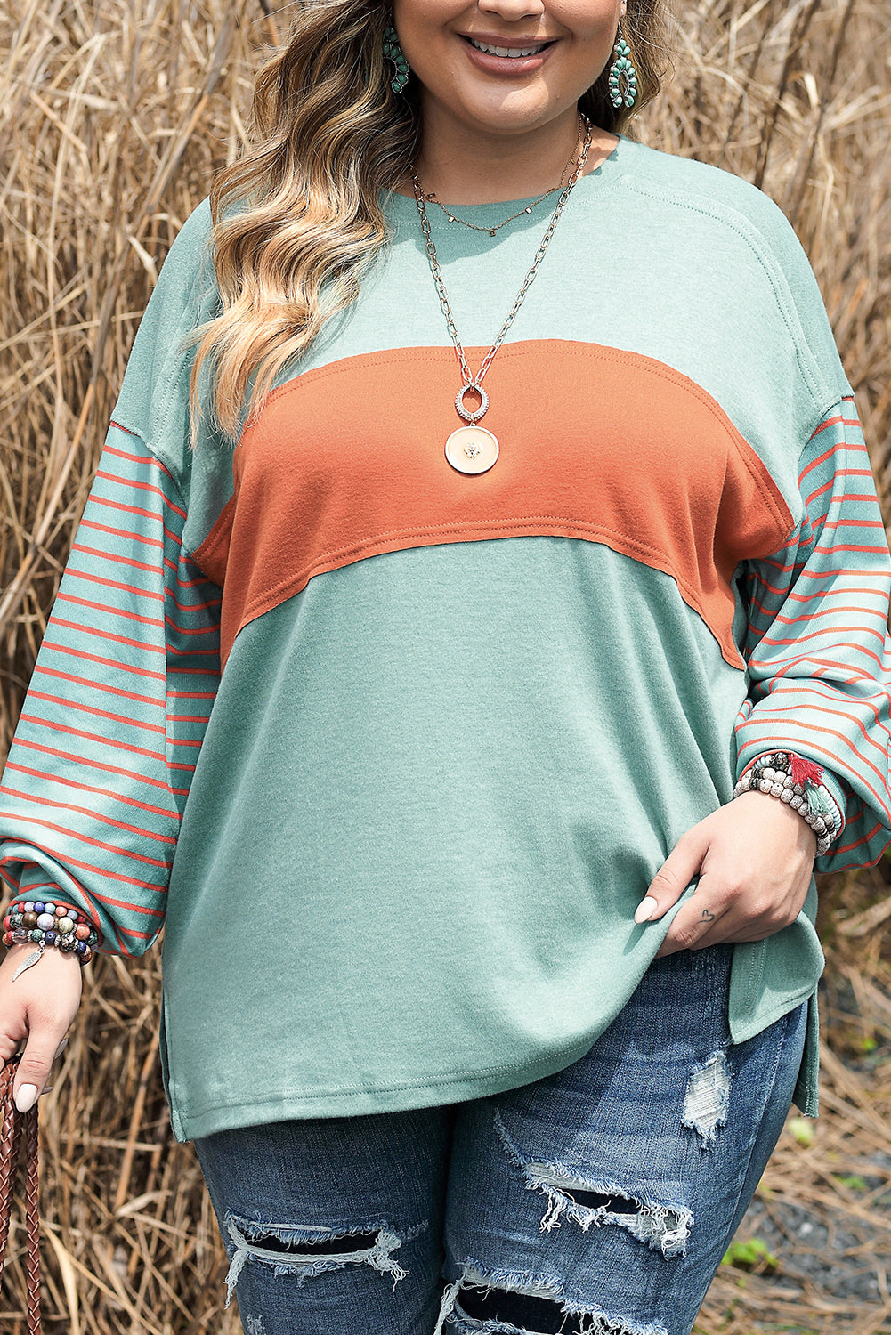 Colorblock Striped Bishop Sleeve Top