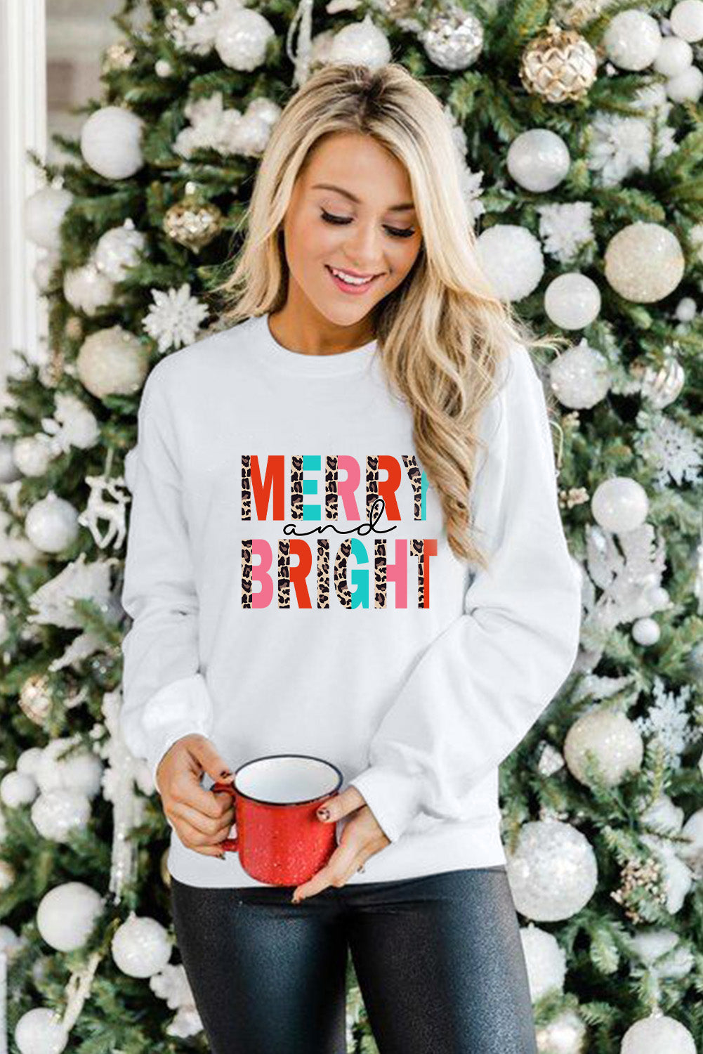 White MERRY and BRIGHT Leopard Print Pullover Sweatshirt