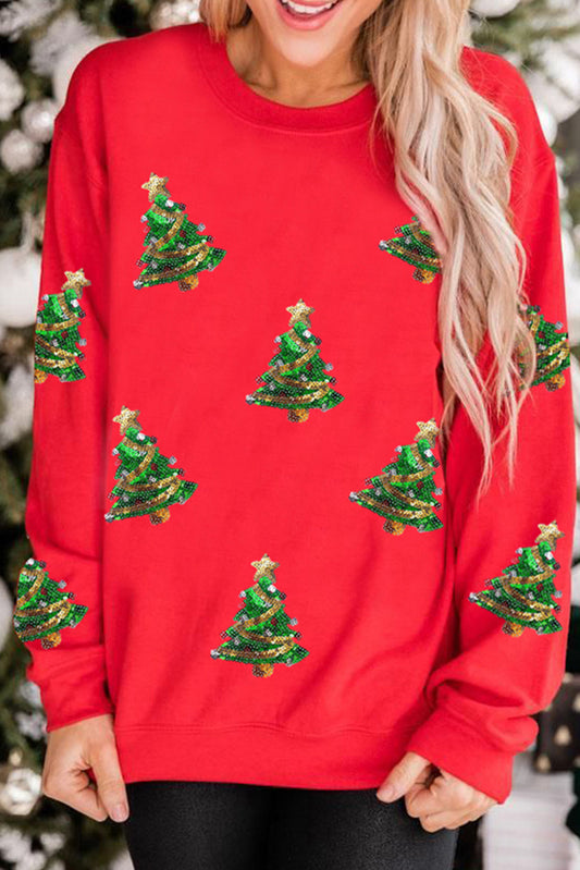 Red Sequin Christmas Tree Graphic Drop Shoulder Sweatshirt