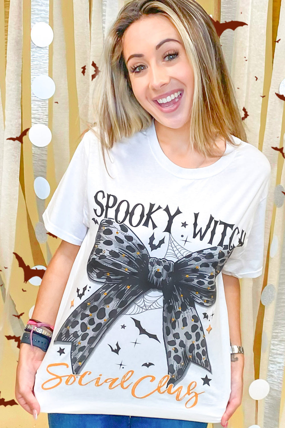 Halloween SPOOKY WITCH Leopard Bowknot Bat GraphicT Shirt