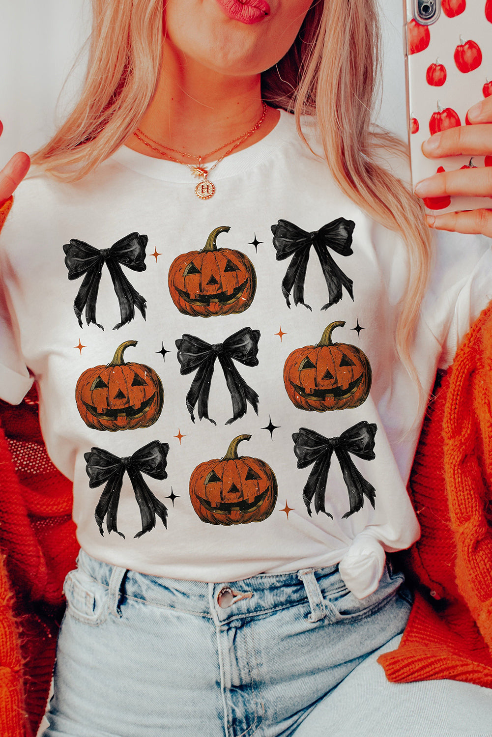 Halloween Pumpkin Face Bowknot Graphic T Shirt