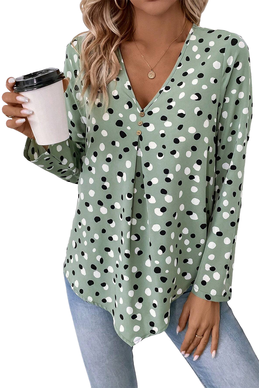 Dotted Print Button Front V Neck Blouse