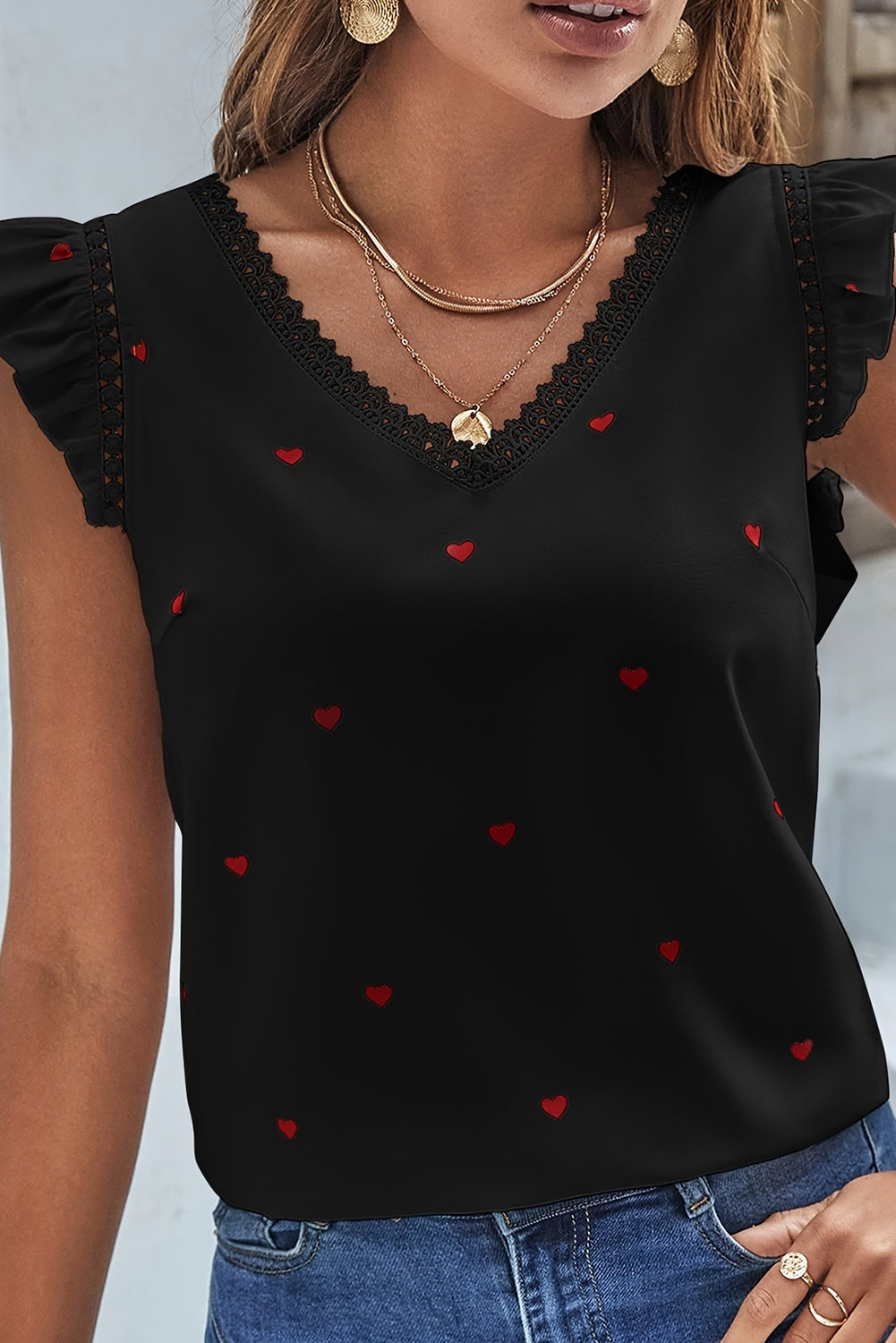 Black V-neck Lace Detail Heart Print Sleeveless Top