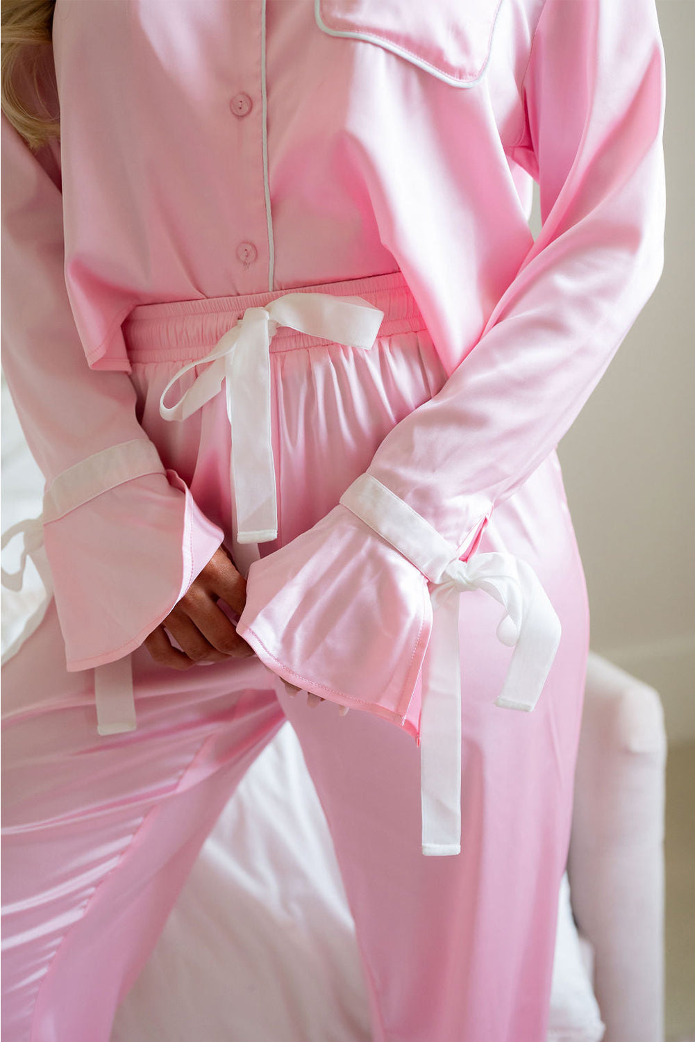 Satin Shirt and Ruffle Hem Pants Pajama Set