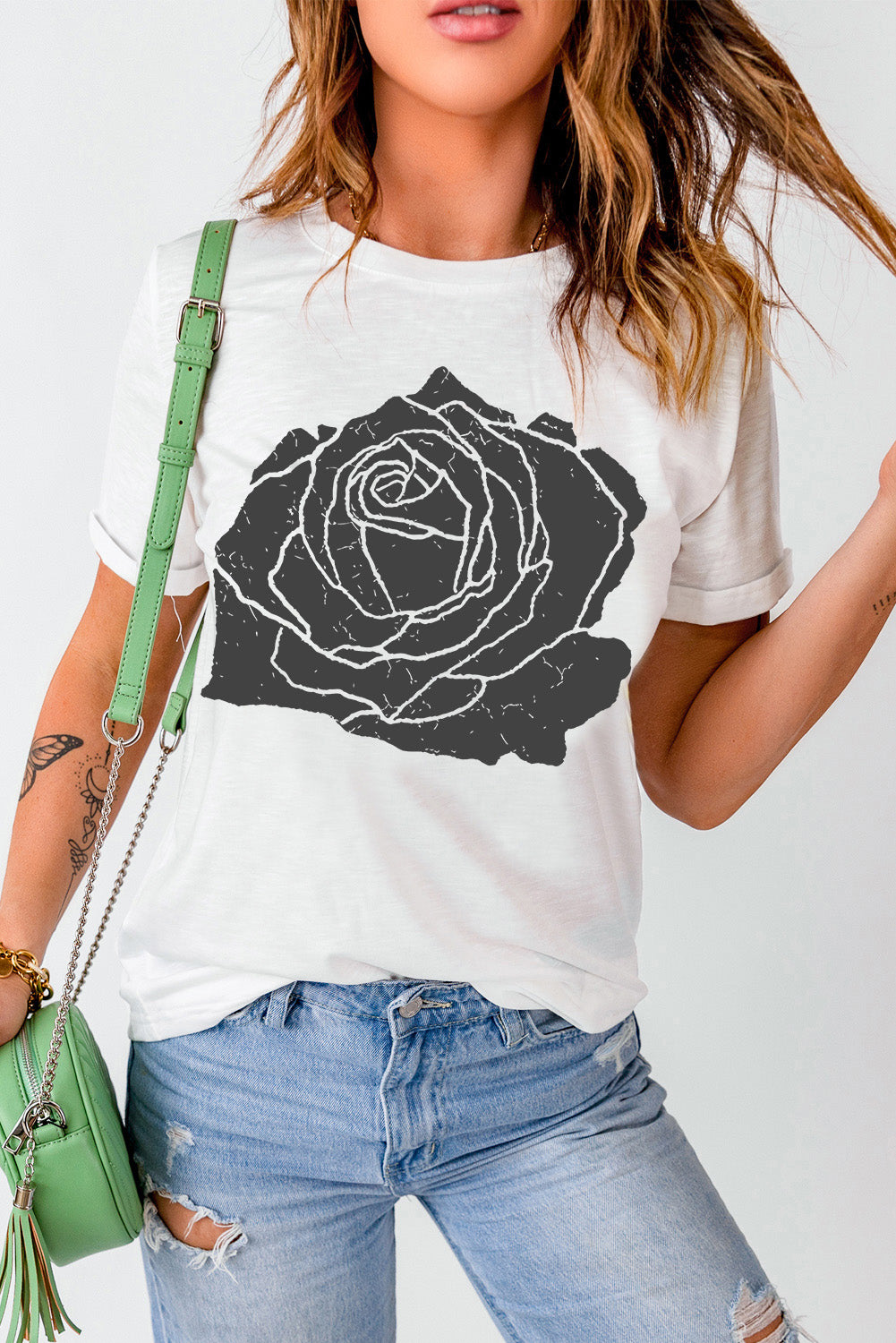 Large Rose Graphic Crew Neck T Shirt