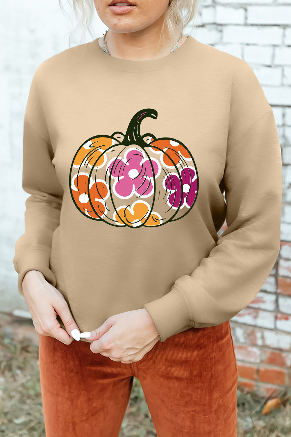 Halloween Floral Pumpkin Graphic Drop Shoulder Sweatshirt