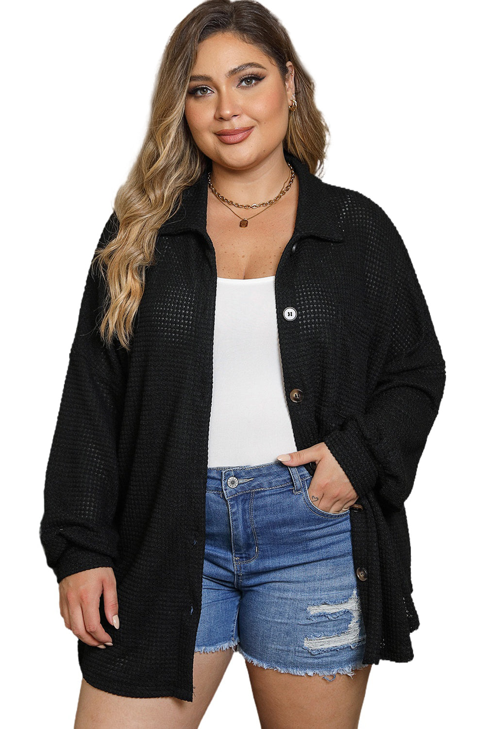 Plus Size Chest Pocket Waffle Knit Shirt