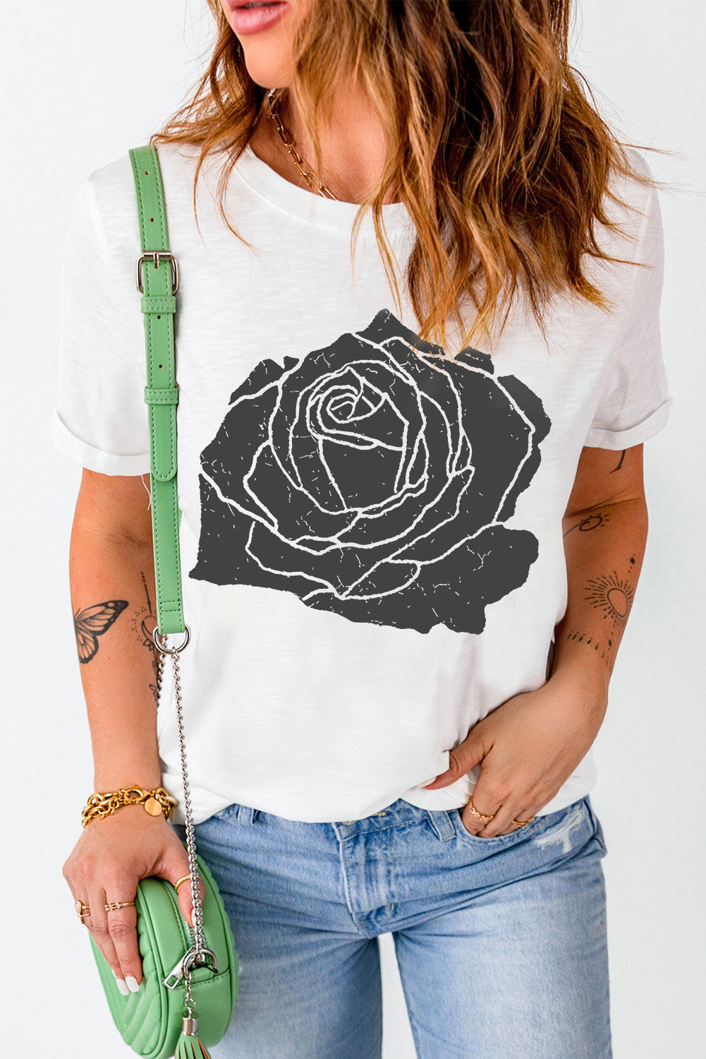 Large Rose Graphic Crew Neck T Shirt