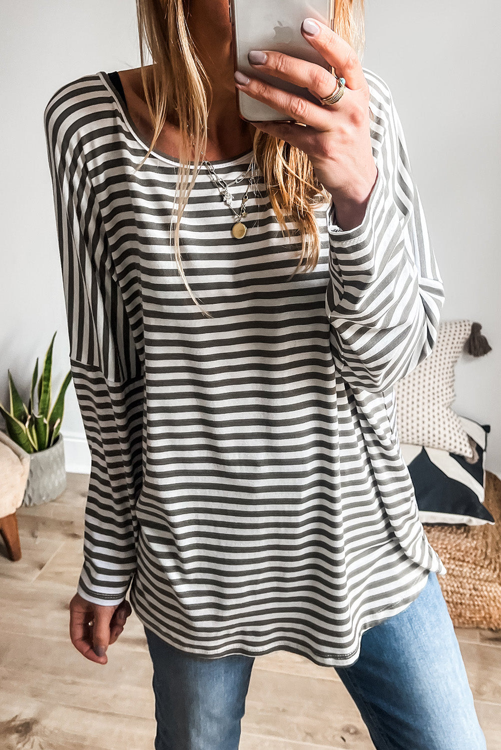 Gray Stripe Drop Sleeve Round Neck Oversized Top