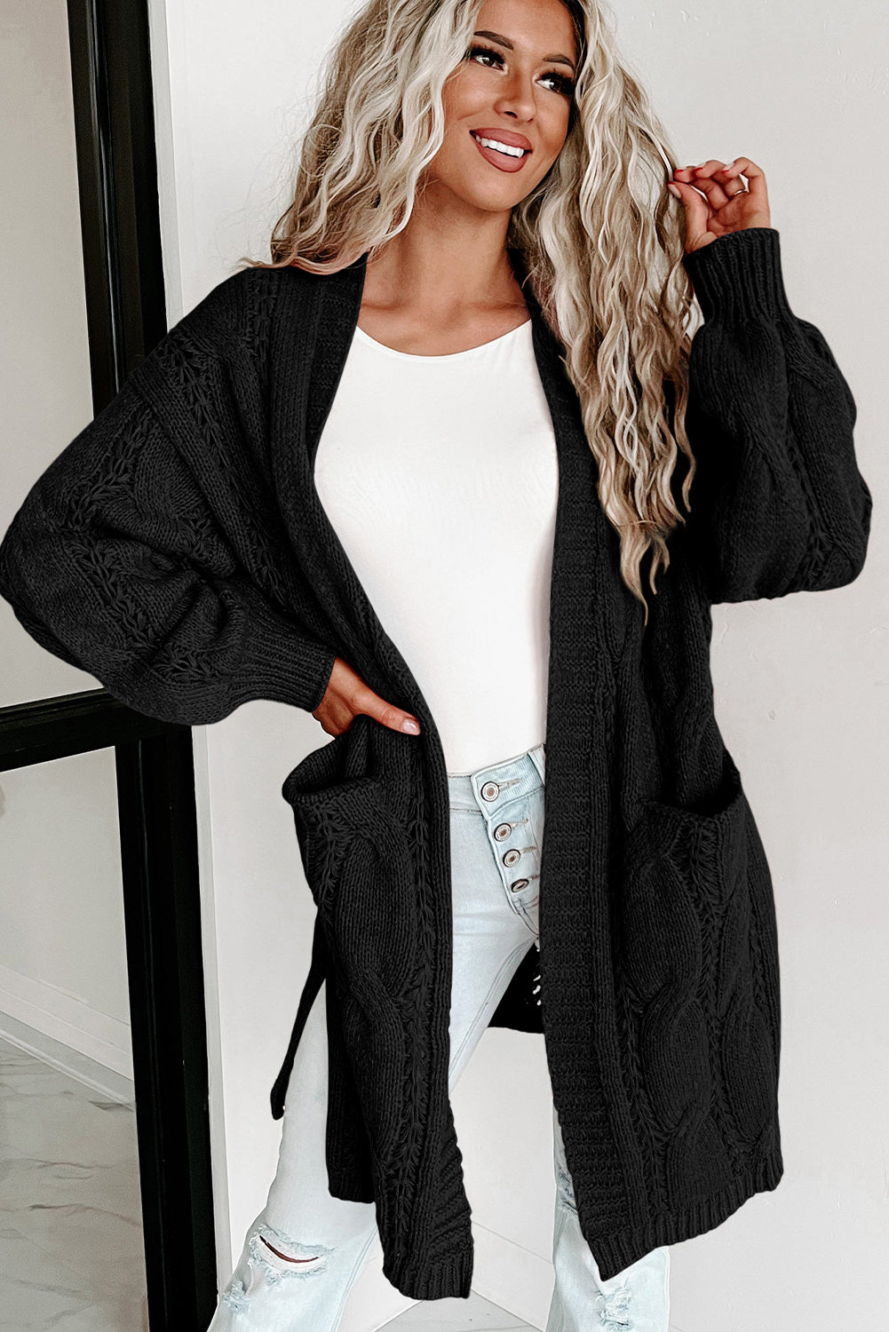 Ribbed Trim Eyelet Cable Knit Cardigan