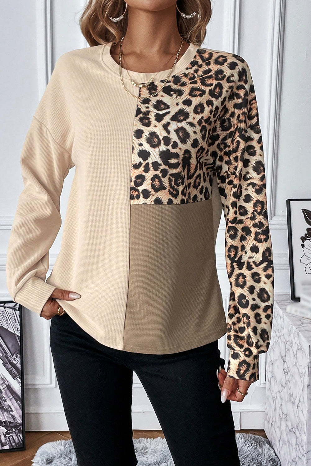 Casual Waffle Knit Leopard Contrast Long Sleeve Top