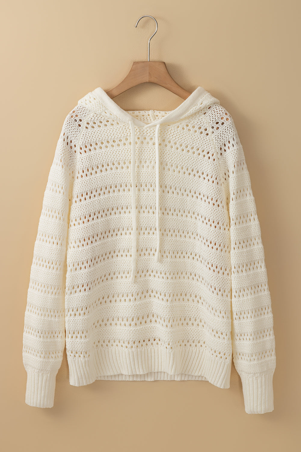 Pointelle Knit Raglan Sleeve Drawstring Hooded Sweater