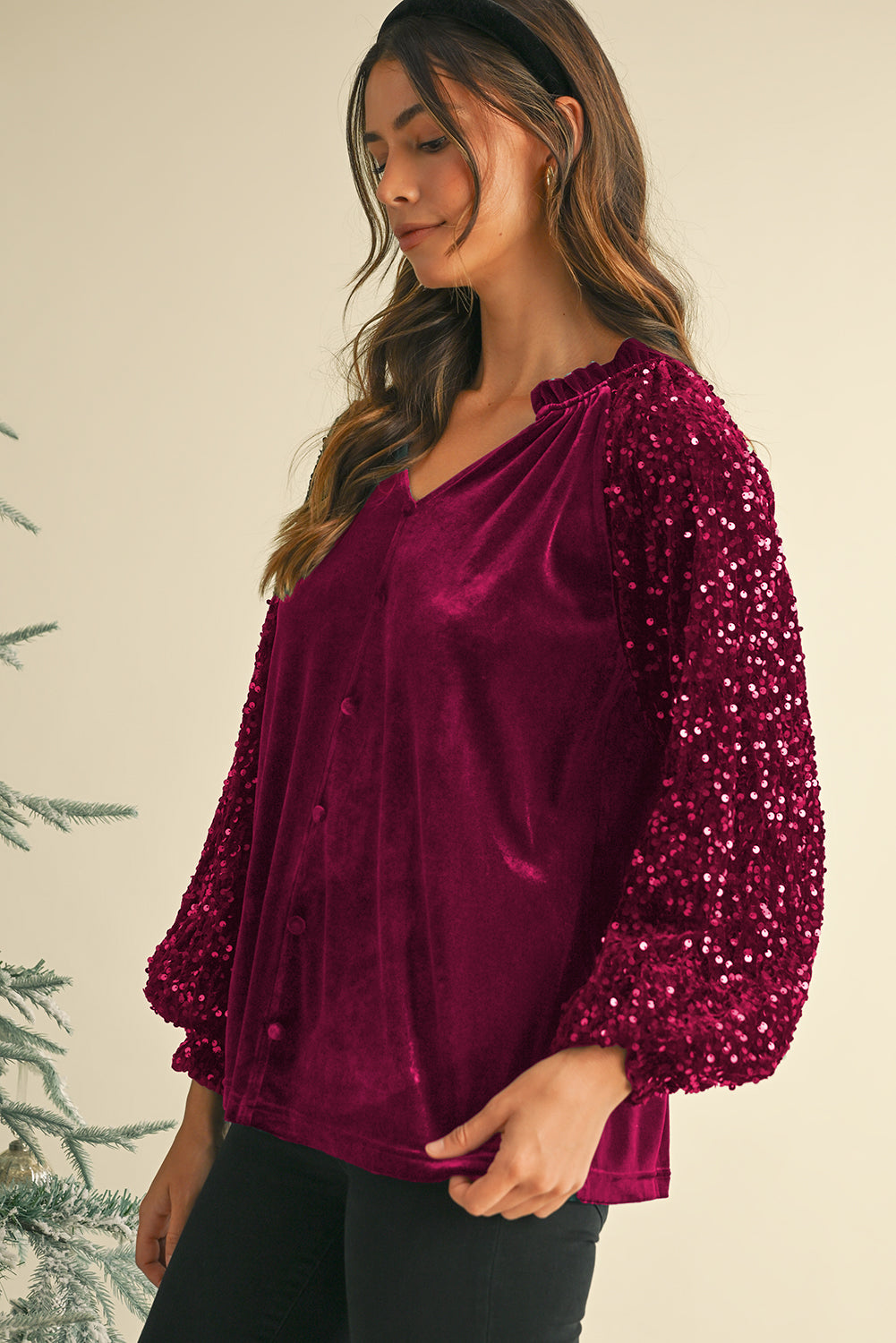 Dahlia Velvet Sequin Patchwork Sleeve Button Up Blouse