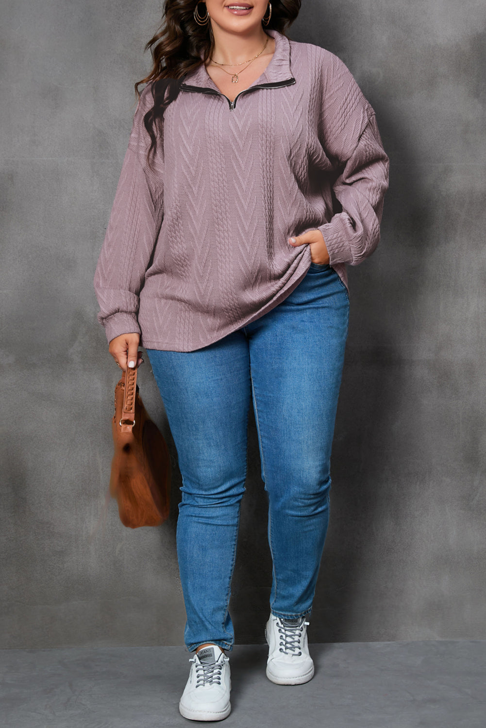 Plus Size Textured Knit Zip Neck Pullover