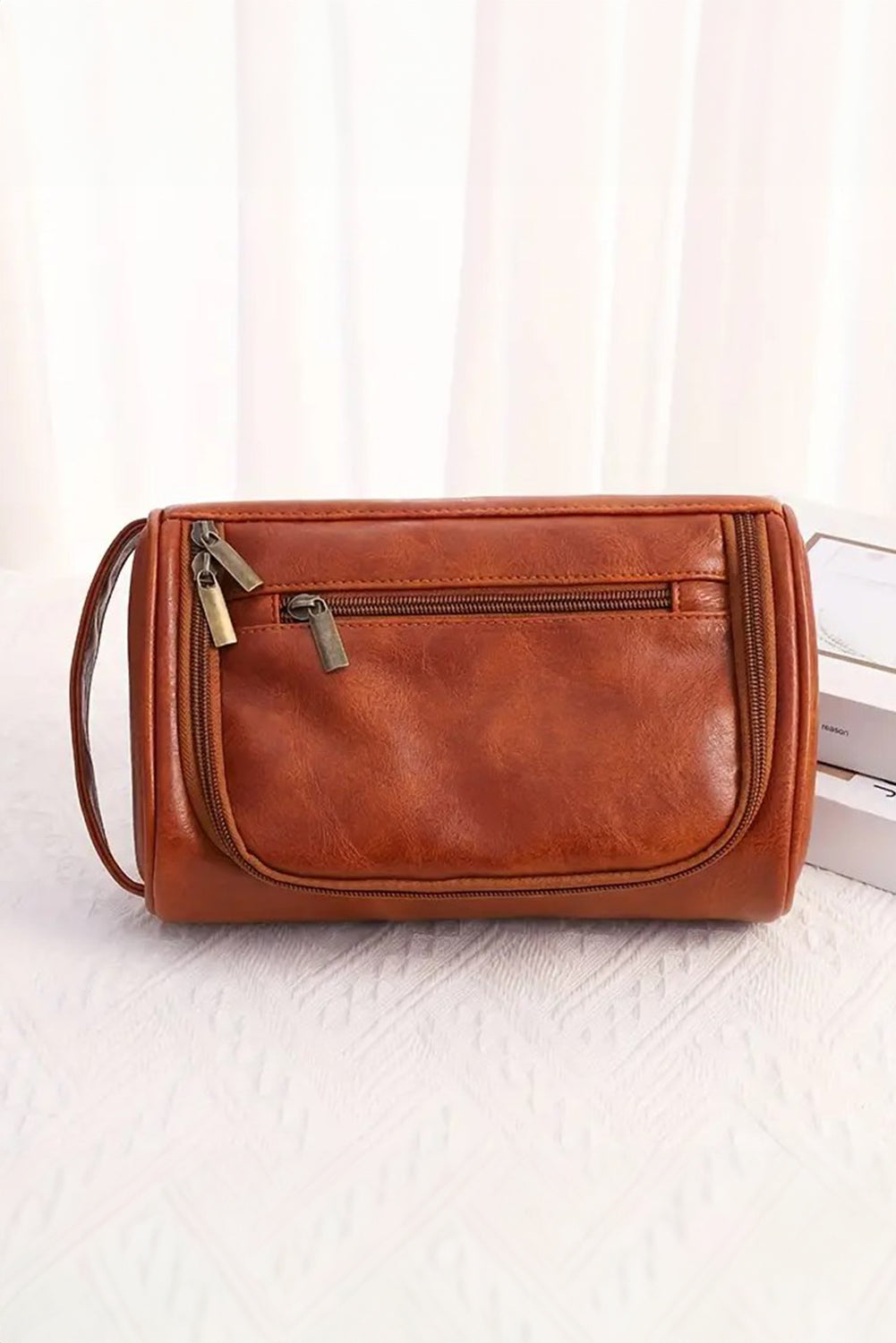 Chestnut Leather Mesh Lined Zipper Makeup Bag