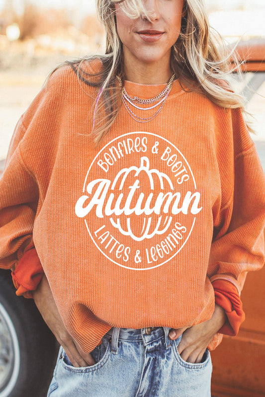 Pumpkin Graphic Print Corded Oversized Sweatshirt