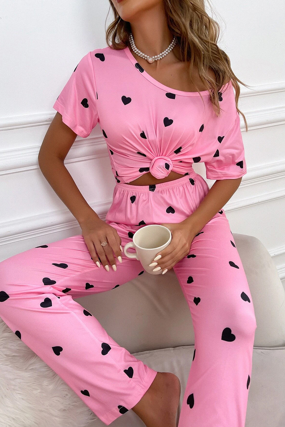 Pink Valentines Heart Print Tee and Pants Lounge Set