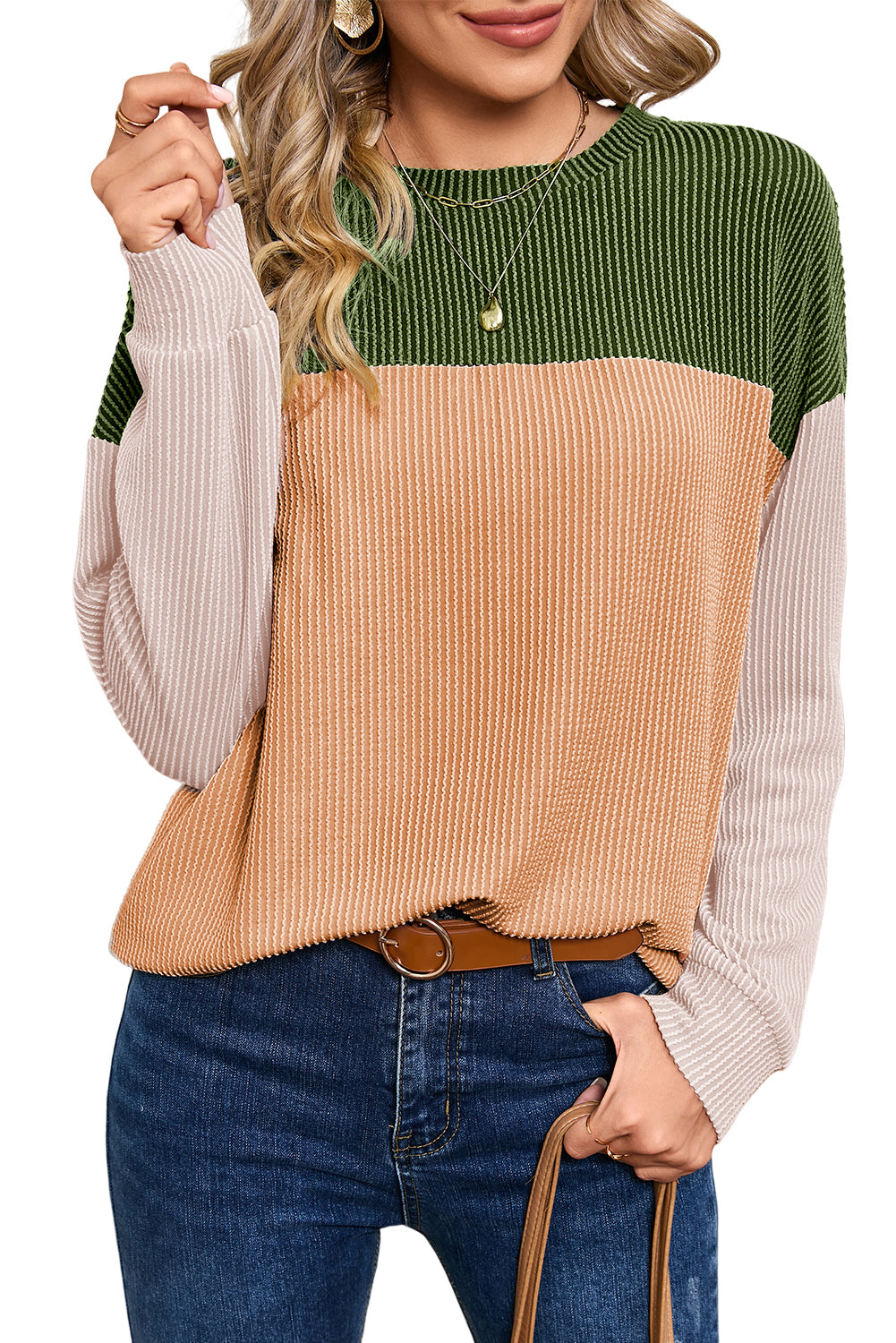 Ribbed Color Block Long Sleeve Top