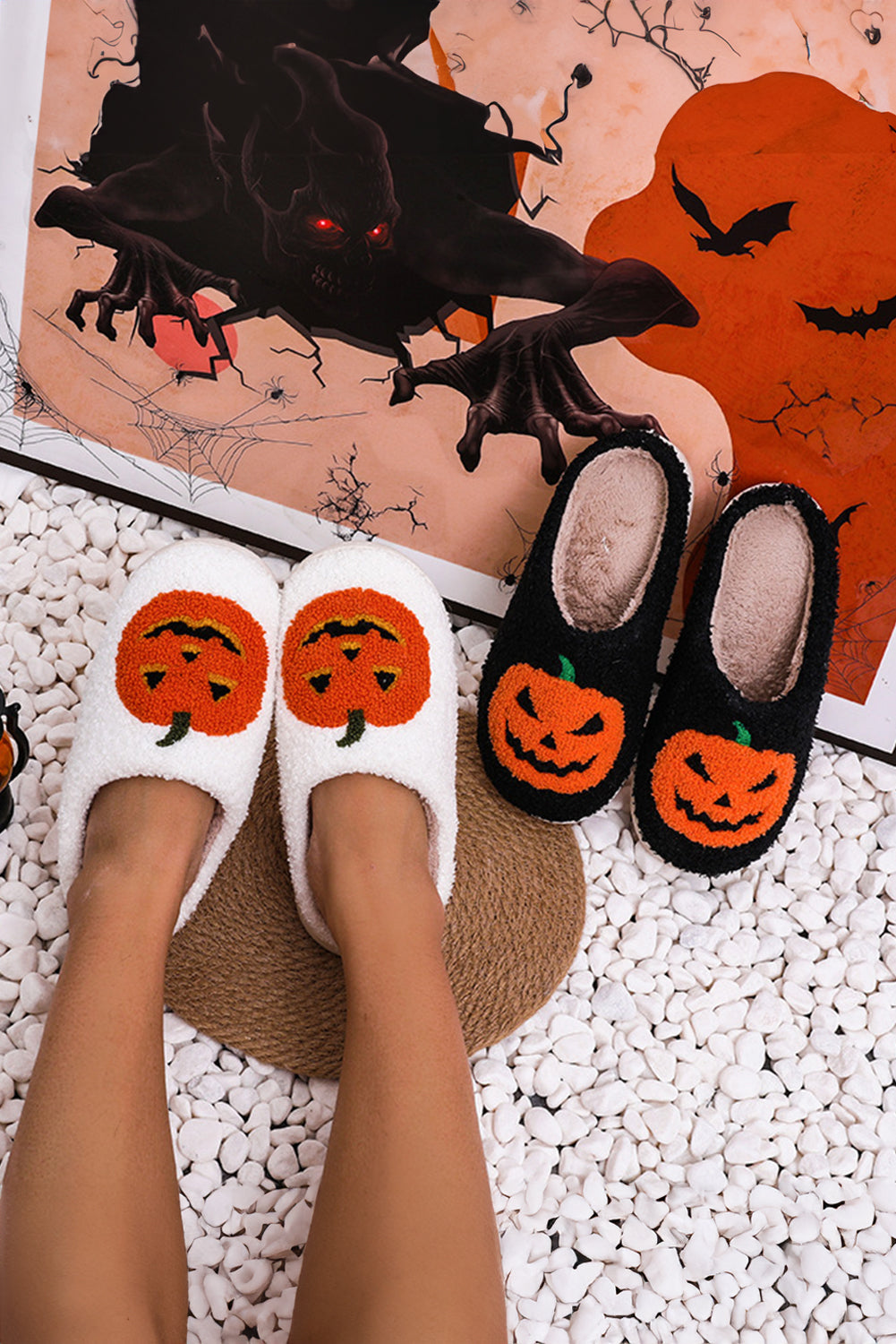 Halloween Pumpkin Print Plush Slippers