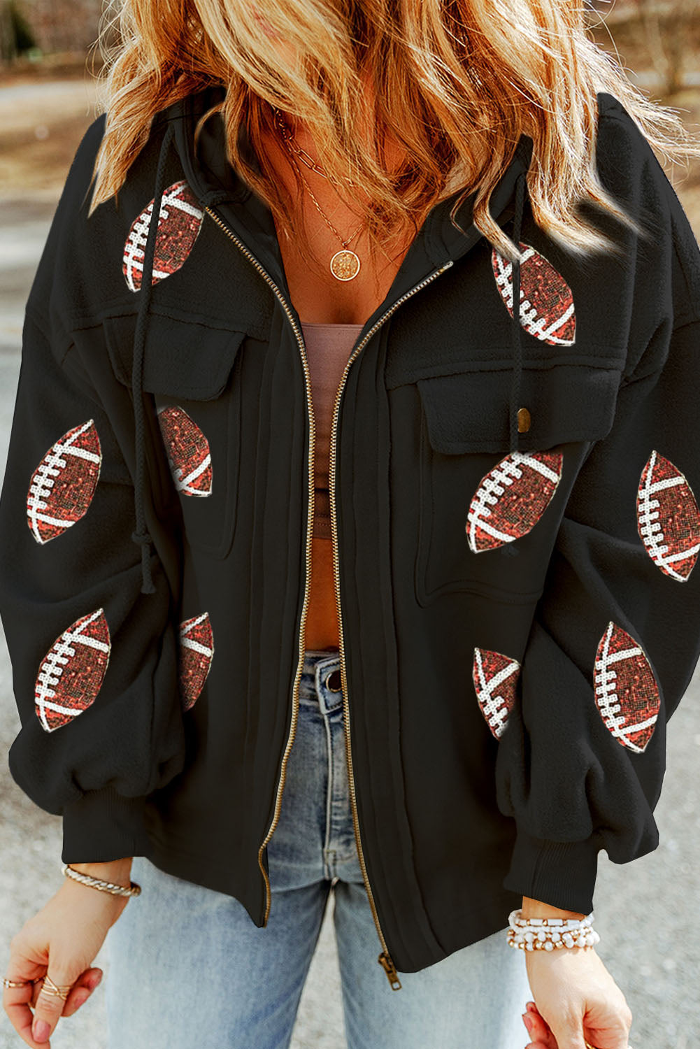 Sequined Rugby Graphic Pocketed Zipper Hooded Jacket