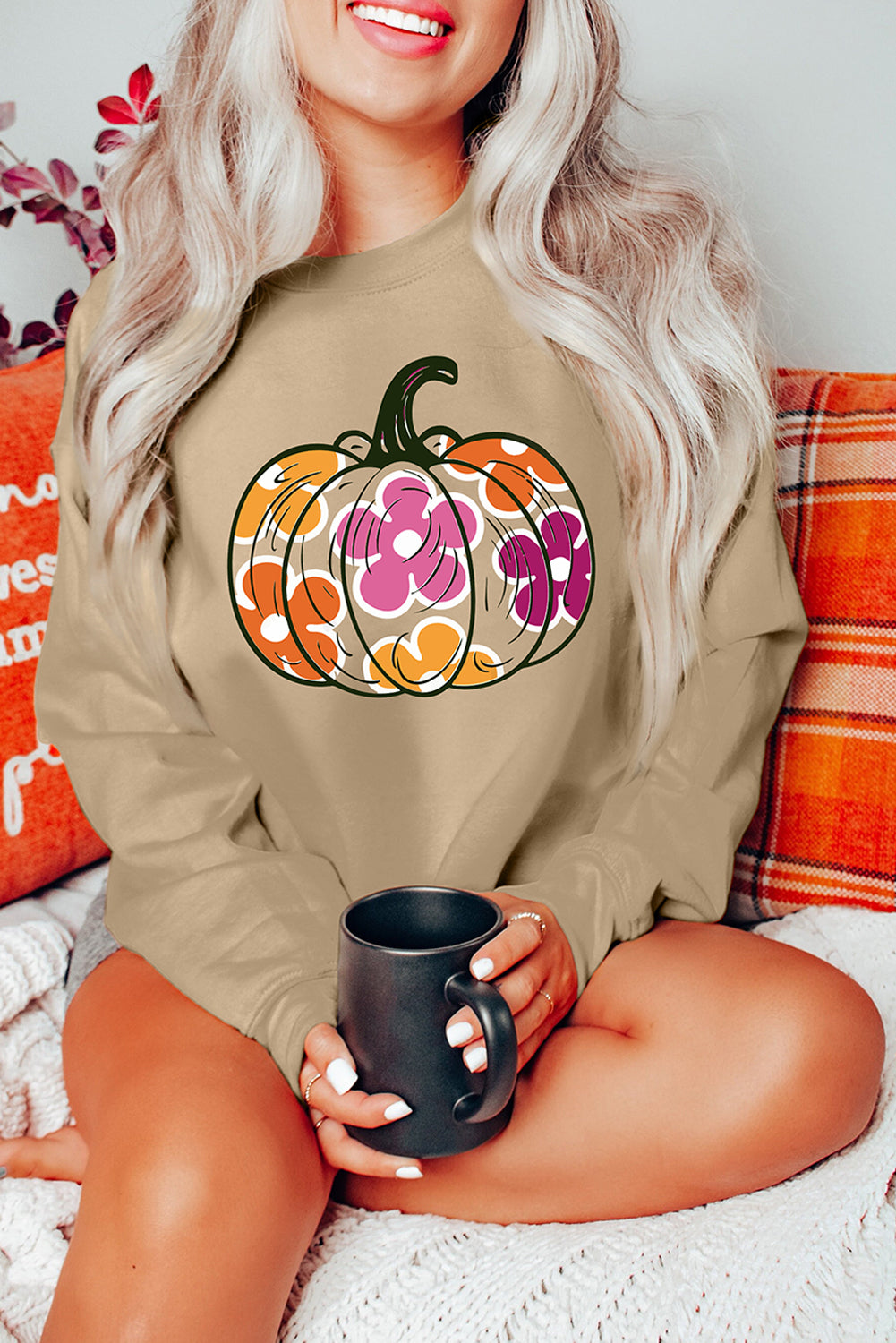 Halloween Floral Pumpkin Graphic Drop Shoulder Sweatshirt