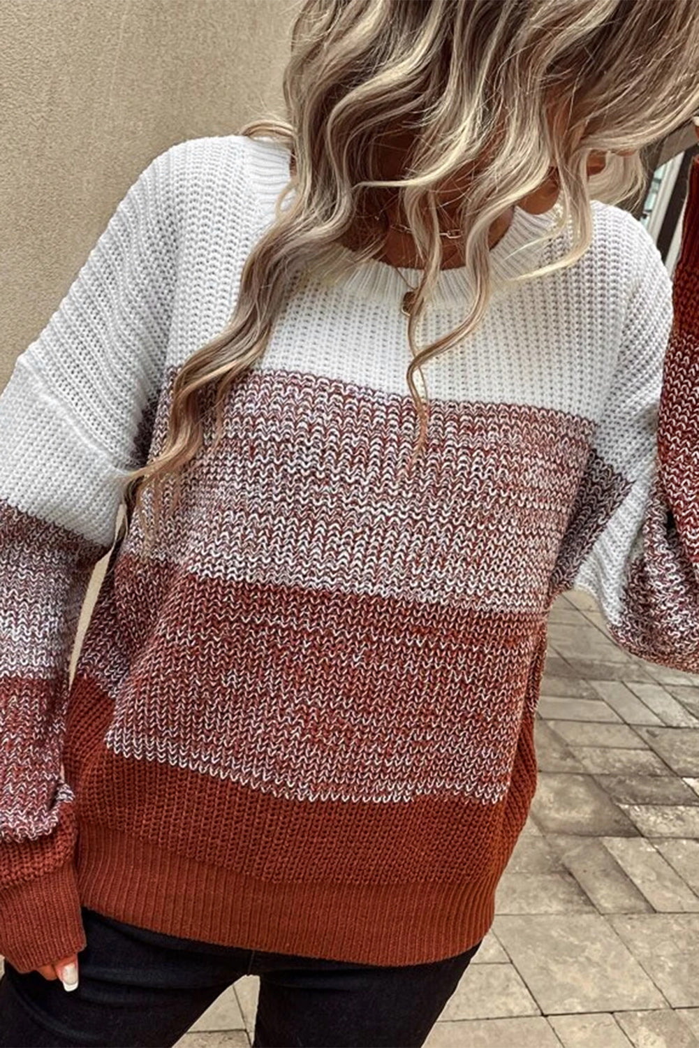 Orange Color Block Drop Shoulder Ribbed Trim Sweater