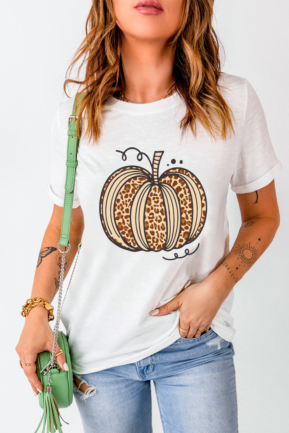 Halloween Leopard Pumpkin Graphic Crewneck T Shirt