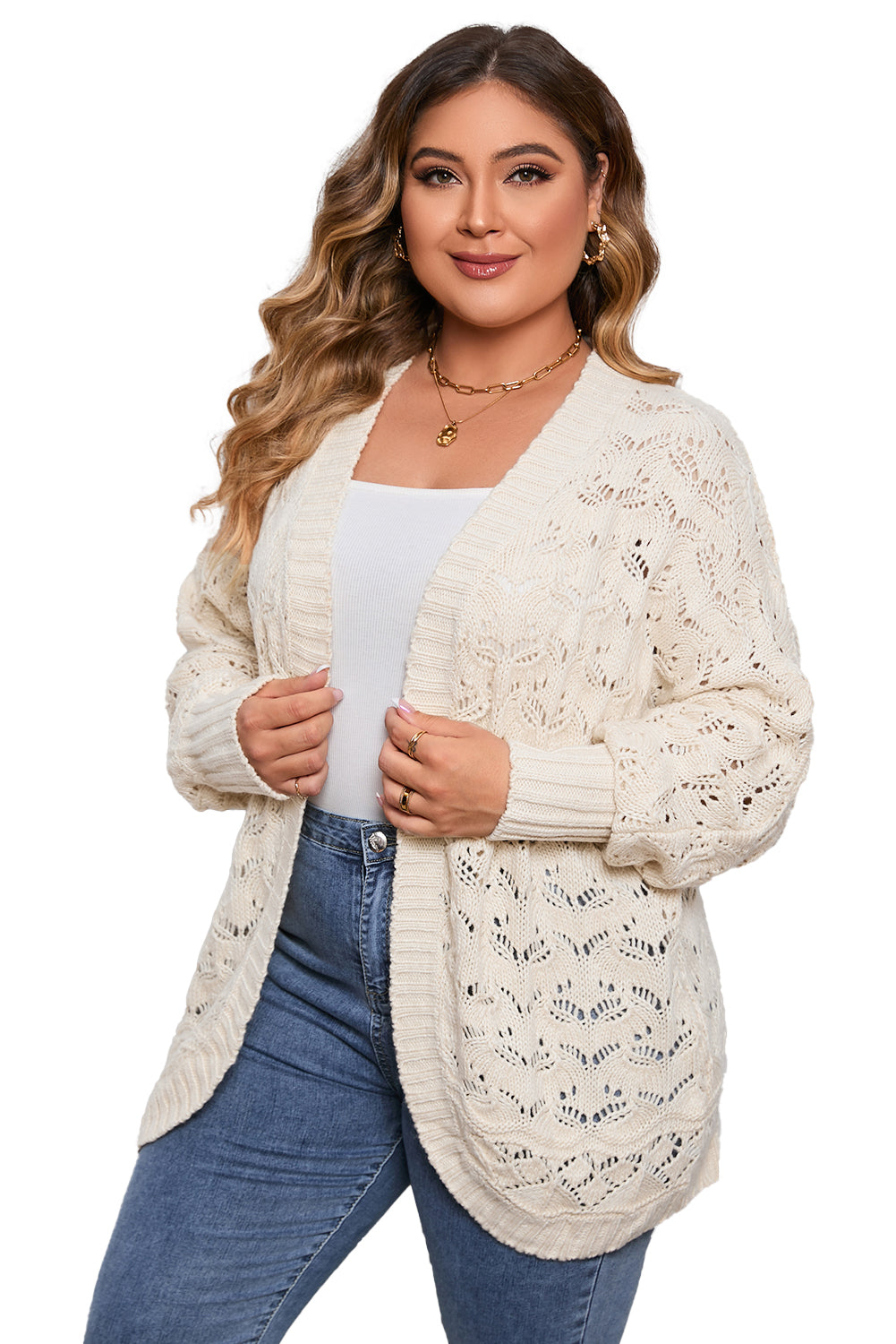 Plus Size Hollowed Open Front Ribbed Trim Cardigan