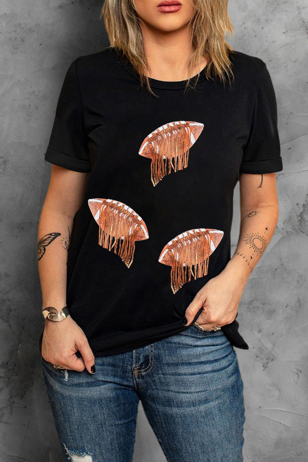 Sequin Fringed Rugby Graphic T Shirt