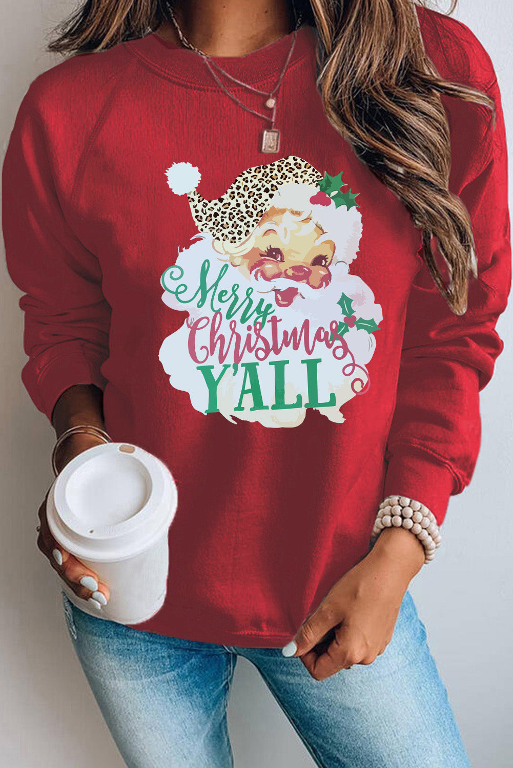 Fiery Red Merry Christmas Y'all Santa Claus Print Pullover Sweatshirt