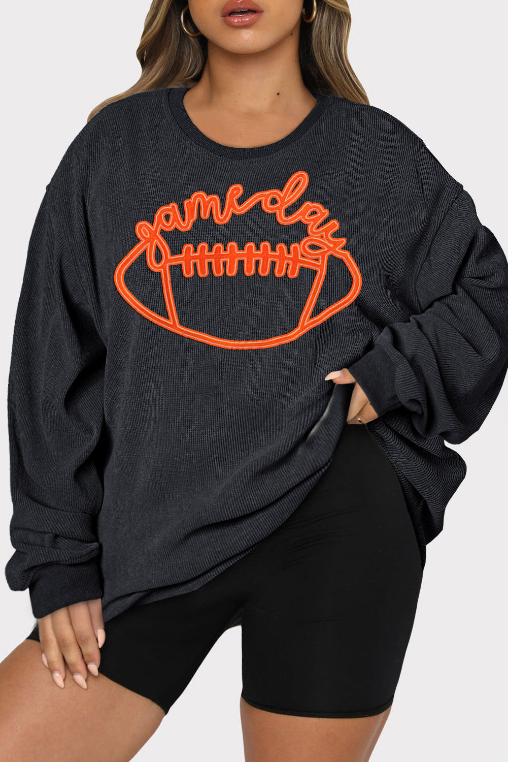 Black Game Day Rugby Embroidered Graphic Plus Size Sweatshirt