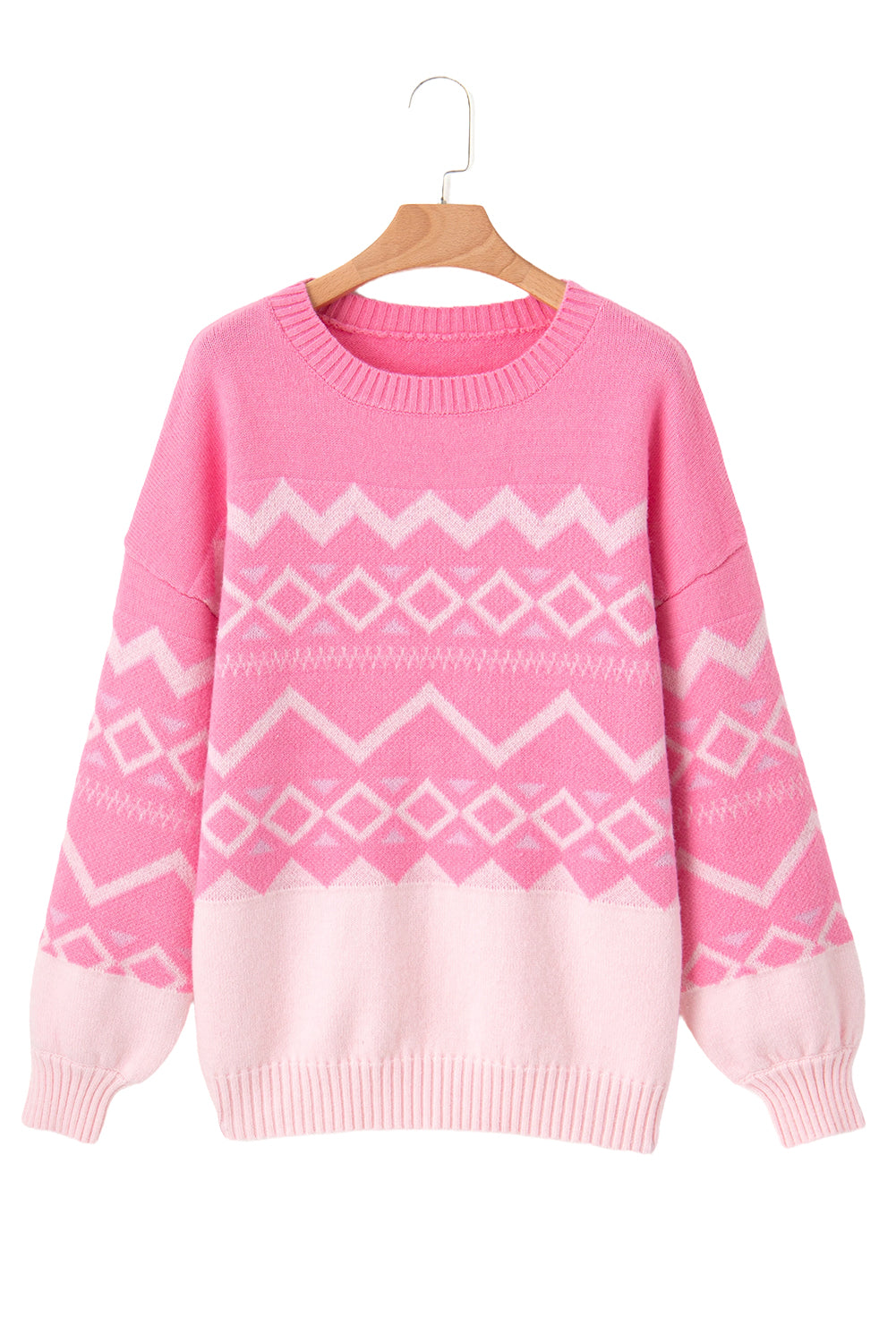 Geometric Pattern Round Neck Drop Shoulder Sweater