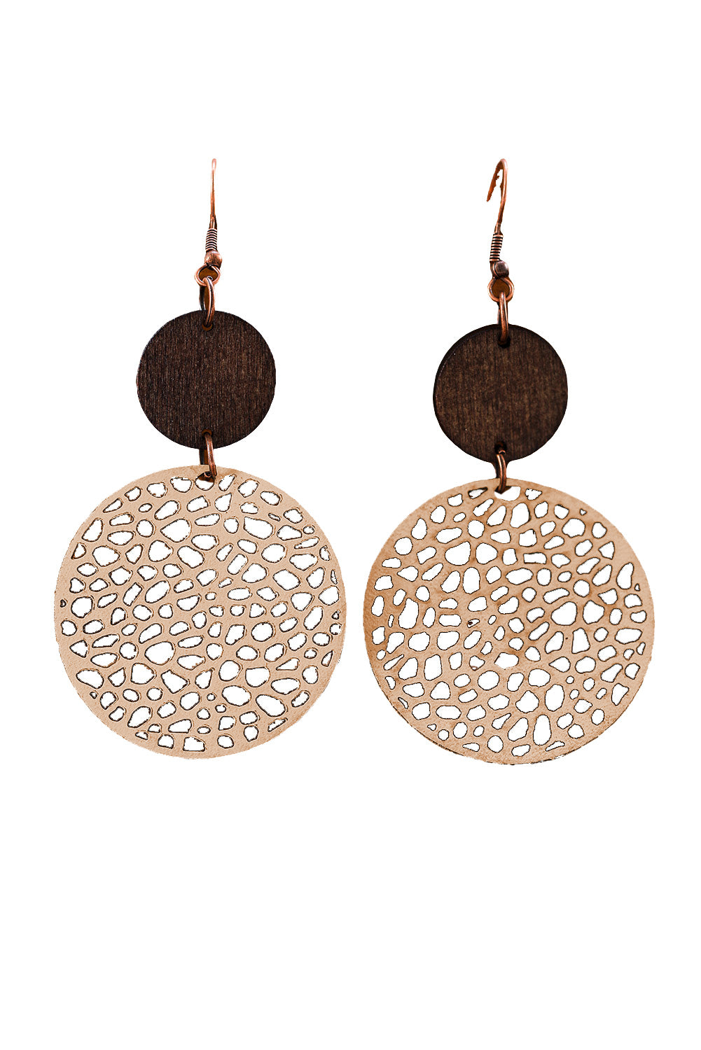 Khaki Hollow Out Wooden Round Drop Earrings