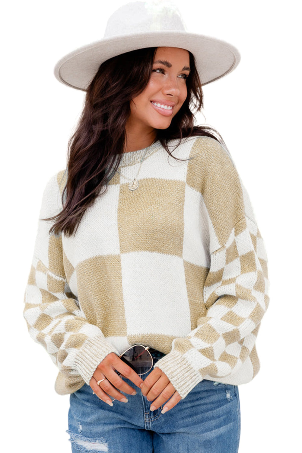 Plaid Knitted Drop Shoulder Sweater