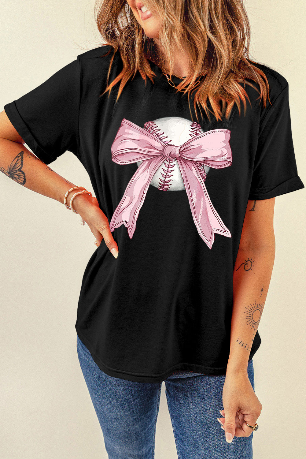 Black Baseball Bow Knot Graphic Crew Neck T Shirt