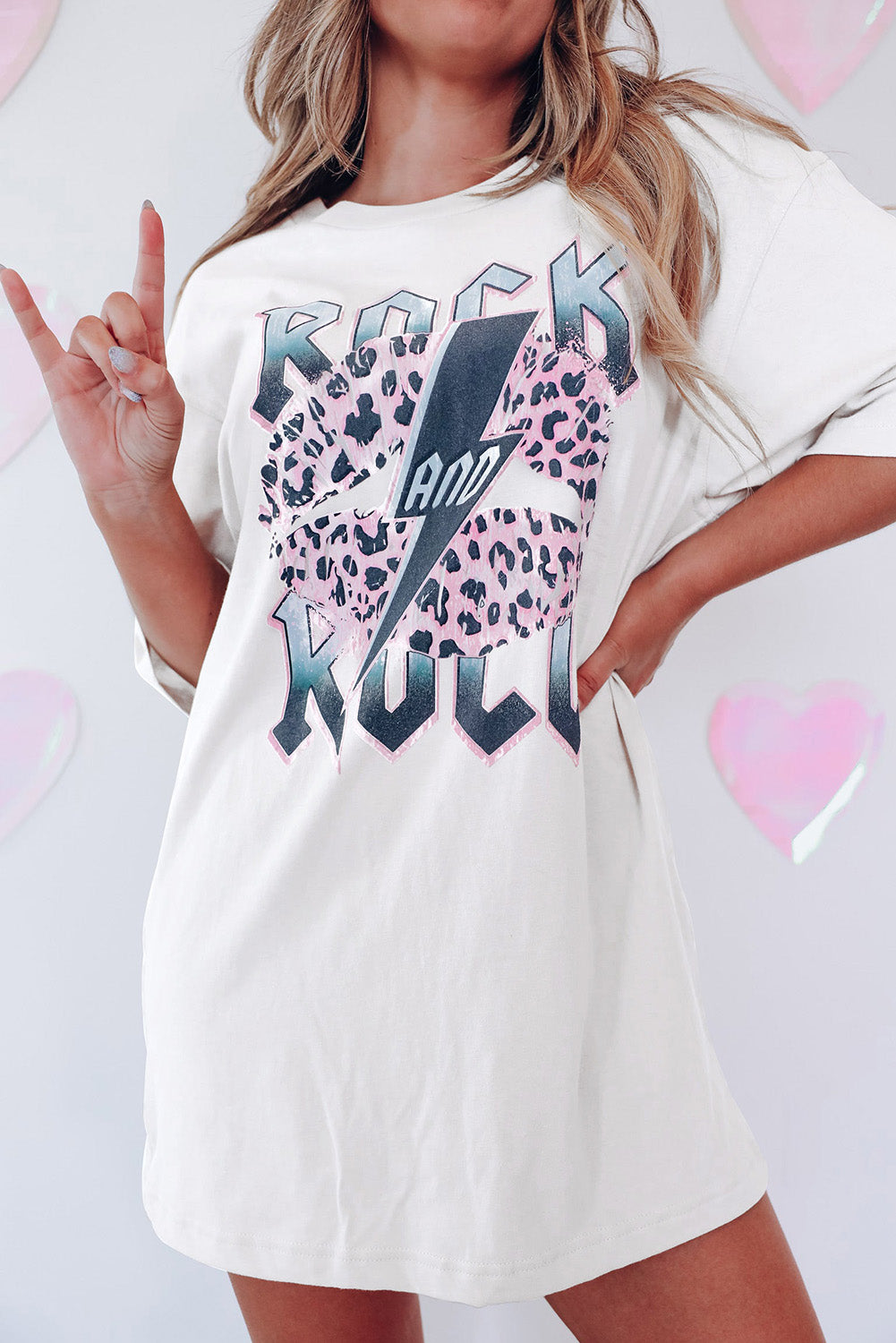 White ROCK AND ROLL Leopard Lip Lightning Oversized Graphic Tee