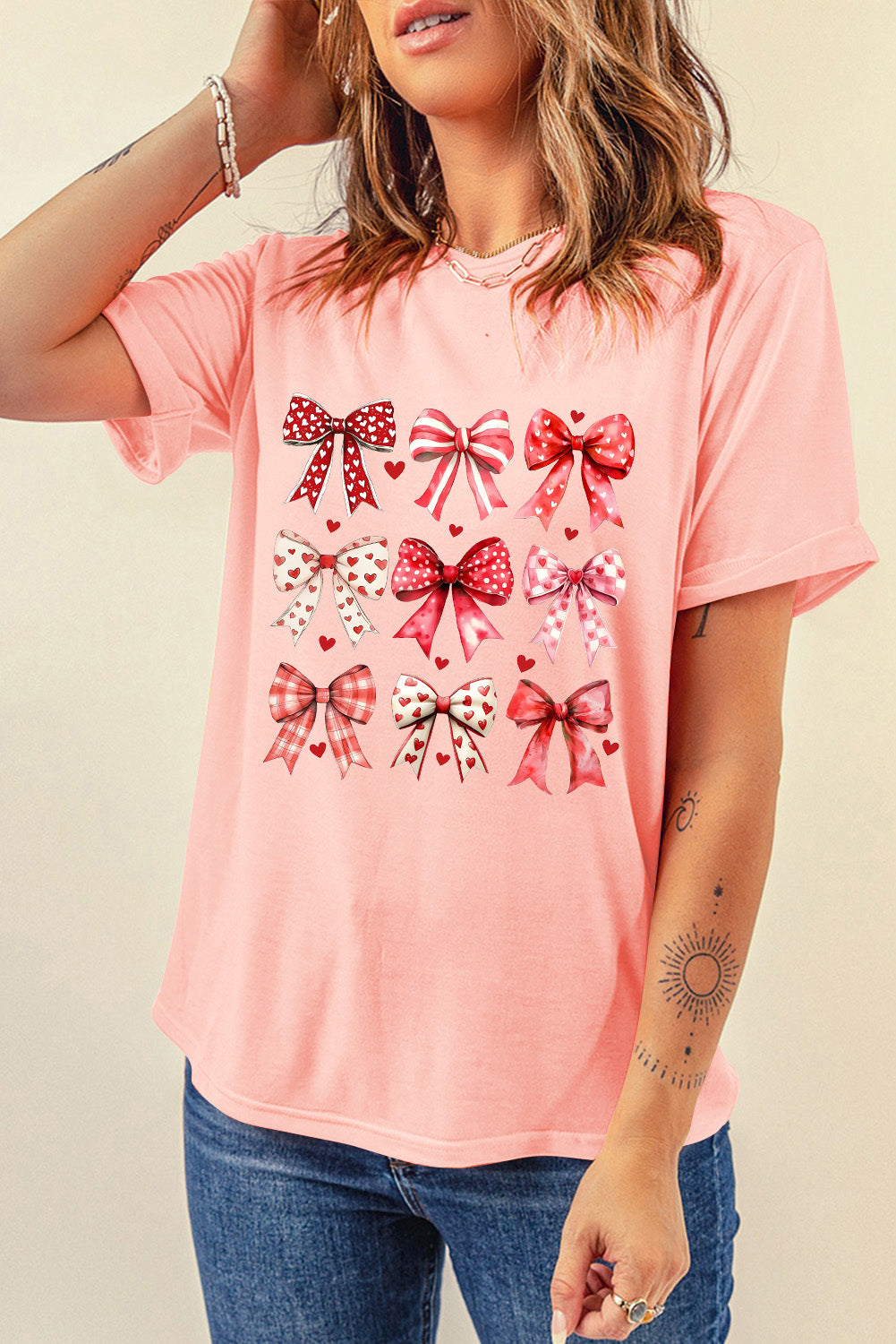 Pink Cute Heart Bow Graphic Round Neck Valentines T Shirt