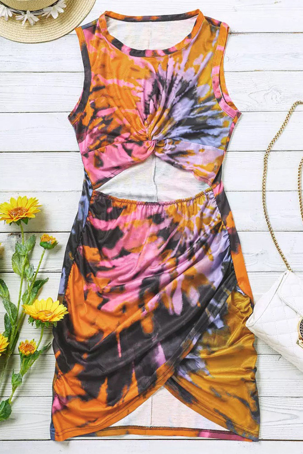 Tie-dye Print Hollow Out Twist Bodycon Mini Dress