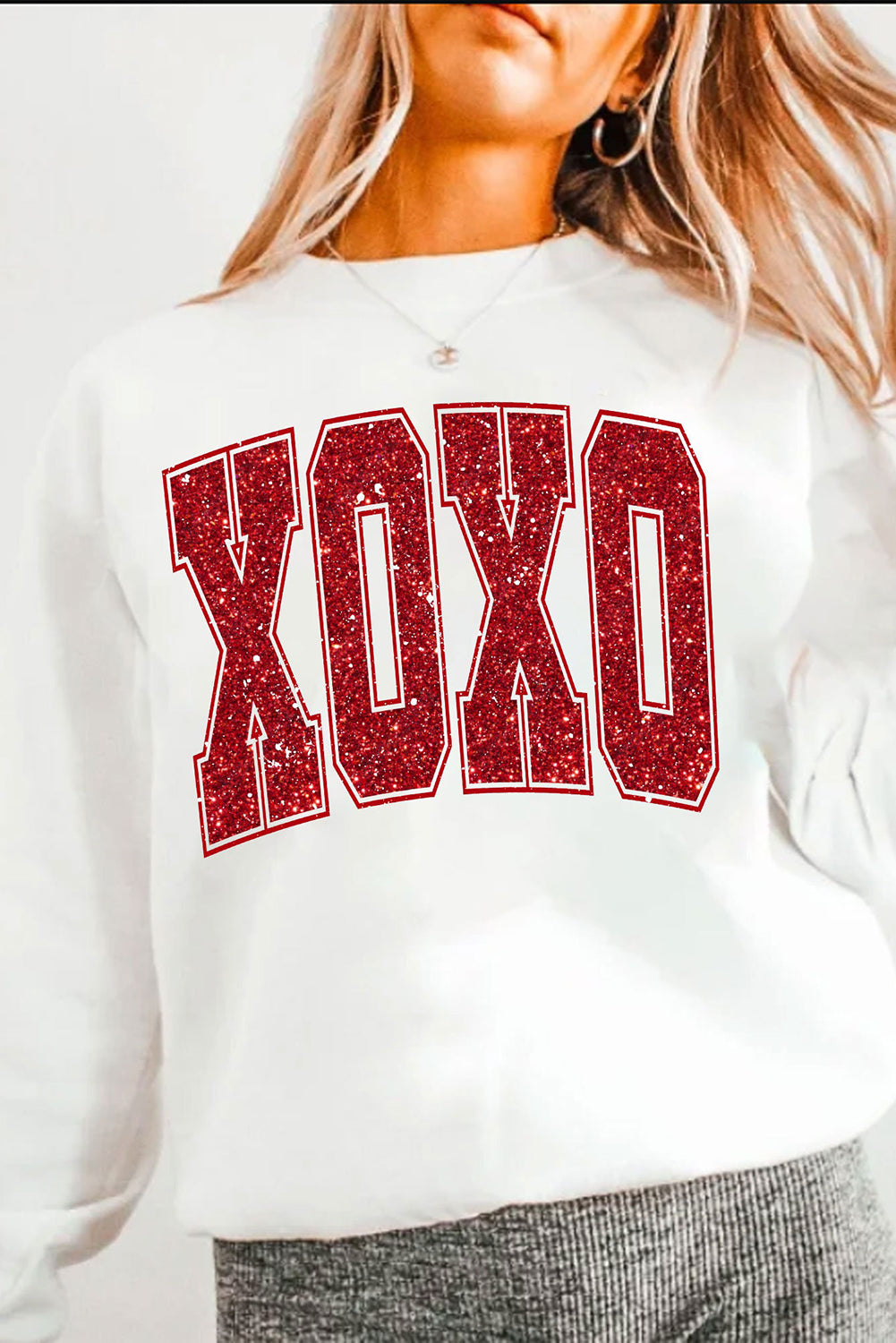 White Glitter XOXO Graphic Crewneck Valentines Pullover Sweatshirt