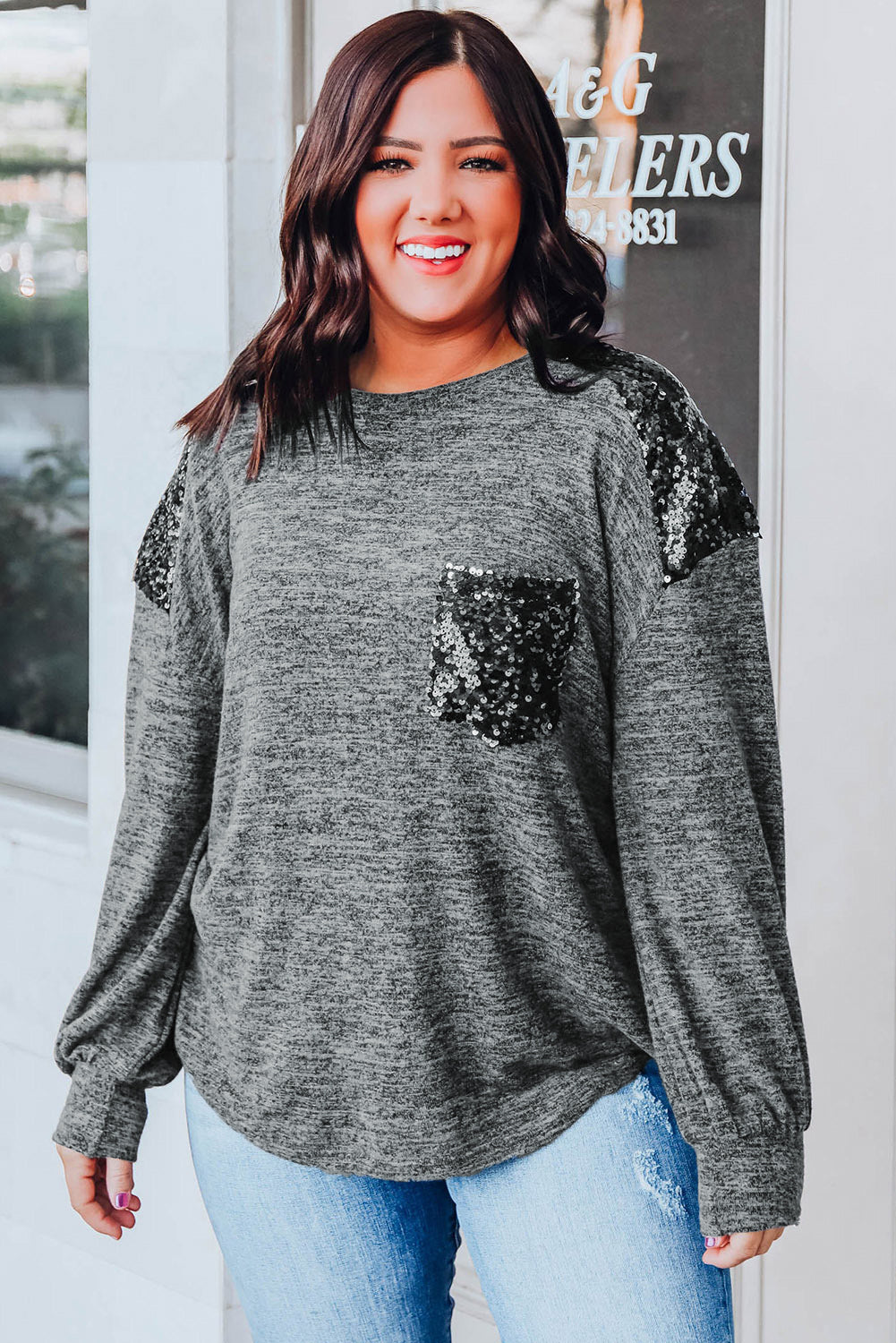 Gray Sequin Patchwork Long Sleeve Plus Size Top