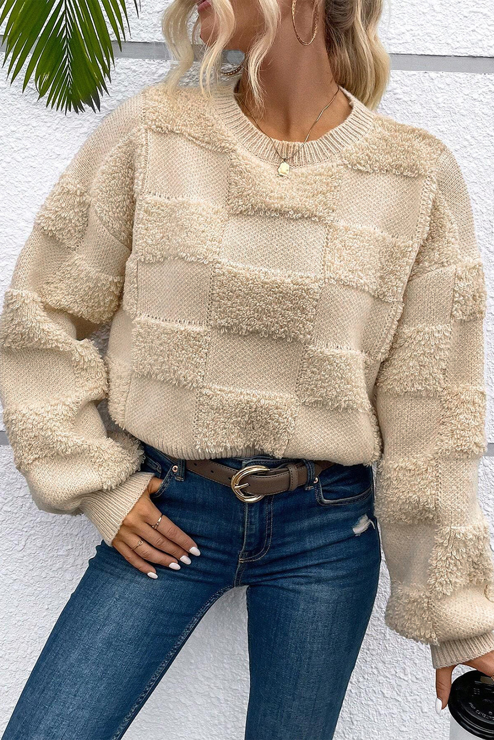 Checkered Sherpa Crew Neck Loose Sweater