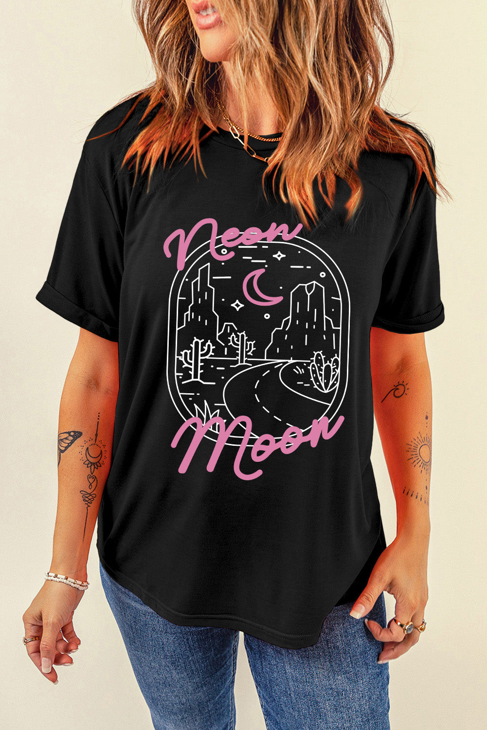 Tropical neon moon Letter Graphic Short Sleeve T Shirt