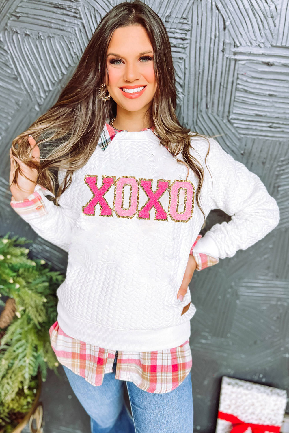 White Quilted Valentine Love Heart Shape Graphic Sweatshirt