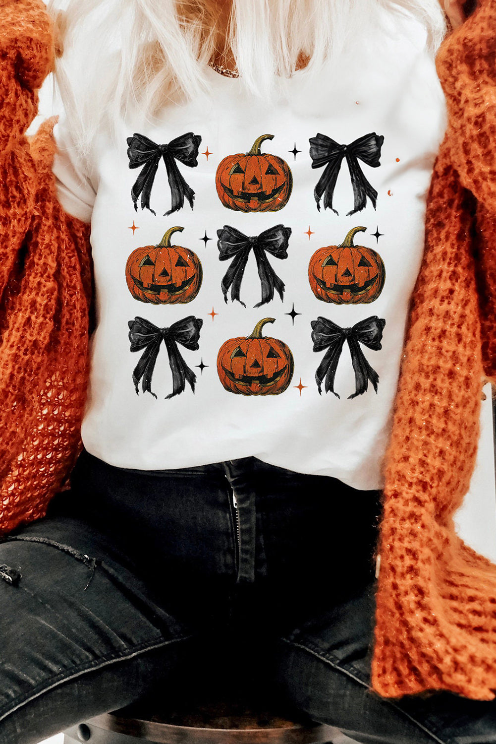 Halloween Pumpkin Face Bowknot Graphic T Shirt