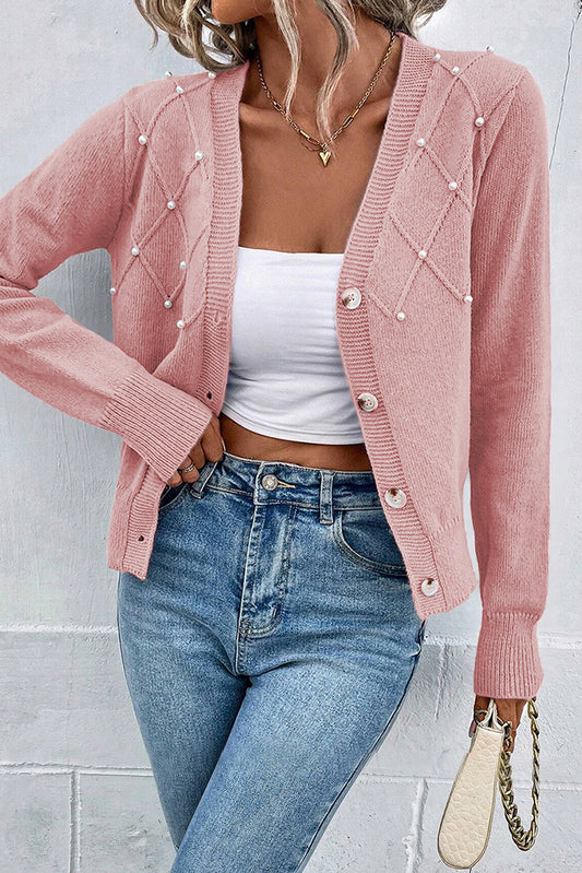 Pearl Beaded Button Up Knit Cardigan