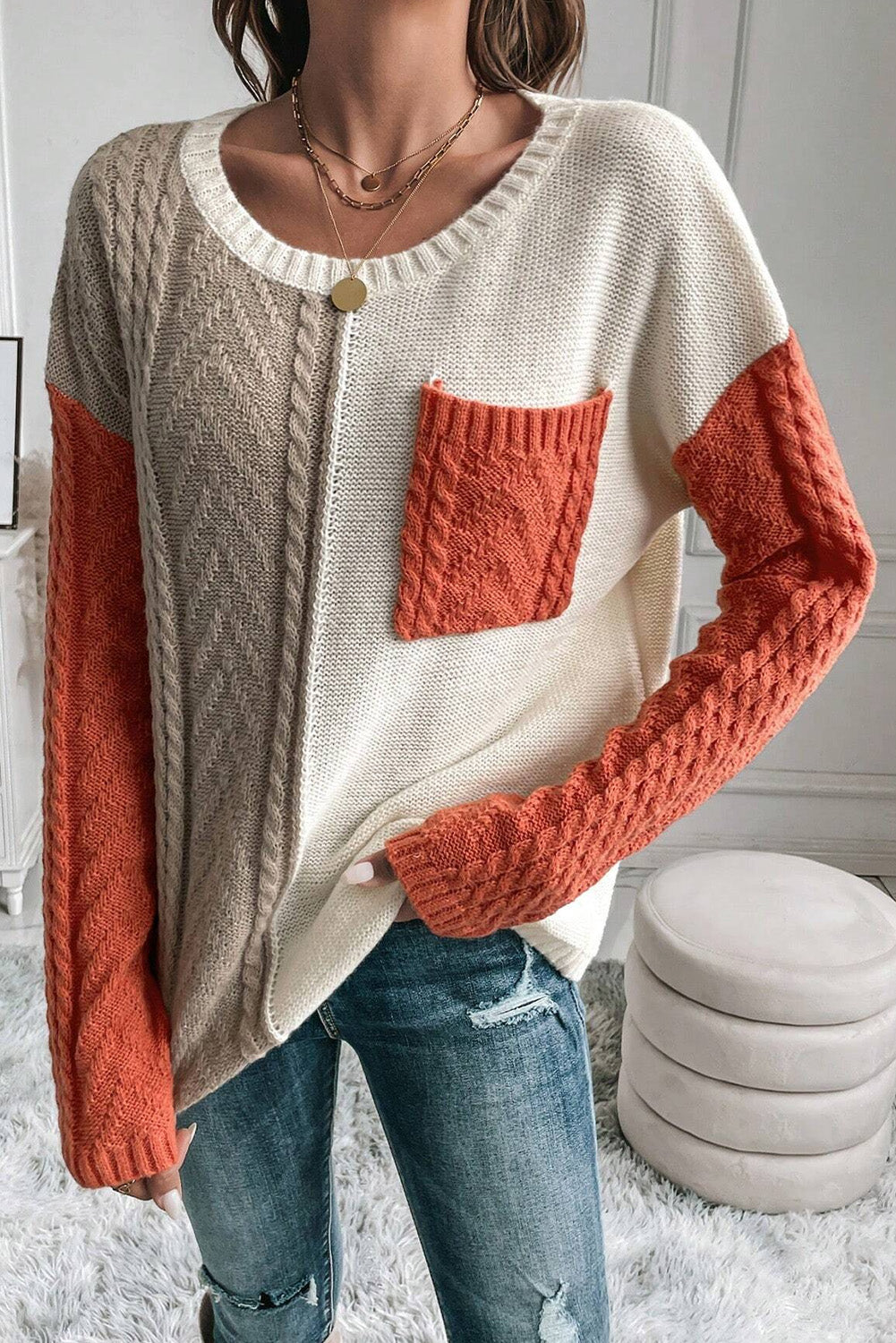 Colorblock Pocket Drop Shoulder Sweater